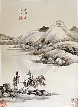 Ancient China Qin Wang Jian Chinese Brush Painting Drawing Antique Landscape Sketch Nature Mountain Watercolor Scenic Art Seal