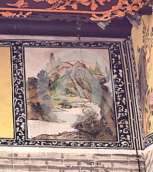 Ancient Chinese Architecture Macau Travessa dos Anjos Building Antique Wooden Window Frame Color Glass Window Clay Sculpture Mural