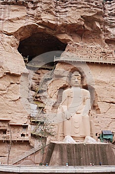 Ancient Chinese Buddha Statue at Bingling Cave Temple in Lanzhou Gansu China. UNESCO World heritage site