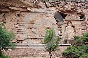 Ancient Chinese Buddha Statue at Bingling Cave Temple in Lanzhou Gansu China. UNESCO World heritage site