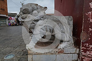 Ancient Chinese stone lion sculpture is a traditional art