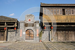 Ancient Chinese timber framed buildings at sunny winter noon