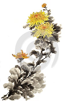 Ancient Chinese traditional hand brush and ink painting -Chrysanthemum: auspicious flower