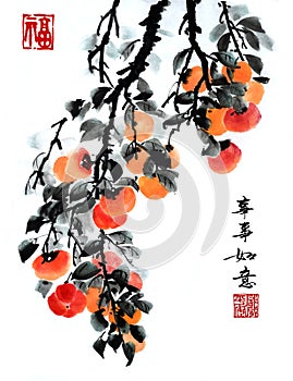 Ancient Chinese traditional hand brush and ink painting -Persimmon.Meaning: everything goes well Translation of Chinese characters