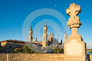 The ancient church Basilica del Pillar and bridge near the river Ebro in the Spanish city Zaragoza