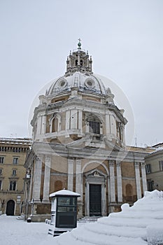 Ancient church in Rome under snow