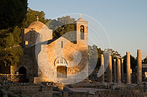 Ancient church and ruins on sunset