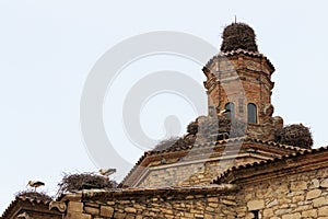 Ancient church of Seros in Spain covered with stork nests