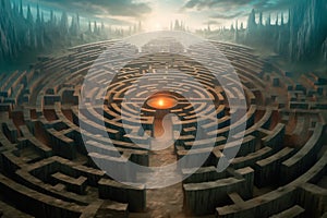 Ancient circular stone labyrinth in fantasy landscape with a radiant orb of light at its center