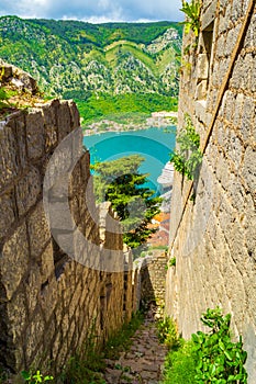 Ancient citadel trail above Kotor taon and bay Montenegro