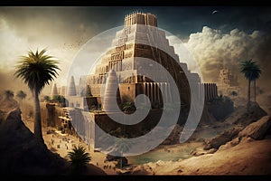 Ancient city of Babylon with the tower of Babel, bible and religion, new testament, speech in different languages