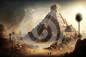 Ancient city of Babylon with the tower of Babel, bible and religion, new testament, speech in different languages