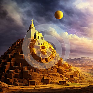 Ancient city of Babylon with the tower of Babel, bible and religion, new testament, speech in different languages,