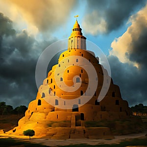 Ancient city of Babylon with the tower of Babel, bible and religion, new testament, speech in different languages,