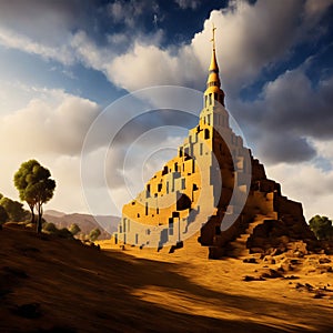 Ancient city of Babylon with the tower of Babel, bible and religion, new testament, speech in different languages,