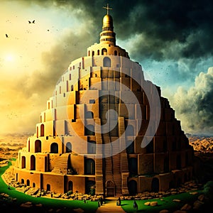 Ancient city of Babylon with the tower of Babel, bible and religion, new testament, speech in different languages,