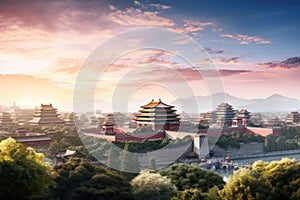 The ancient city of Beijing at sunset, China. Travel background, Landscape view of the Forbidden City in Beijing, China. Panorama