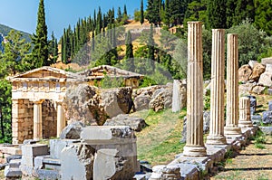 Ancient city of Delphi with ruins of the temple of Apollo.