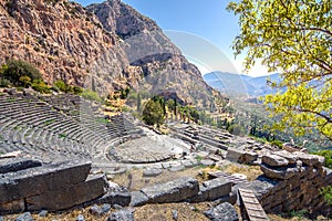 Ancient city of Delphi with ruins of the temple of Apollo.