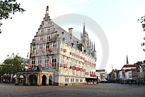 Ancient city hall on the market square of the town of Gouda in The Netherlands.