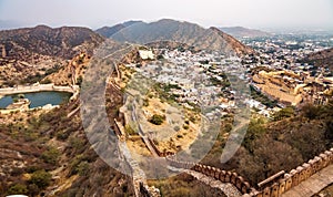 Ancient city of Jaipur with view of Amer Fort in aerial view Jaipur Rajasthan India