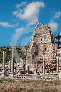 Ancient city of Perge in Antalya, Turkey. Historical ruins in the ancient city of Pamphylia