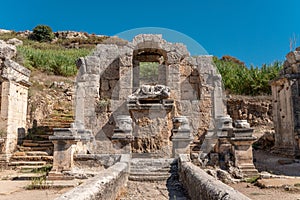 Ancient city of Perge in Antalya, Turkey. Historical ruins in the ancient city of Pamphylia