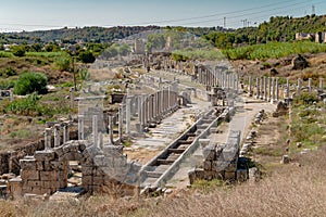 Ancient city of Perge in Antalya, Turkey. Historical ruins in the ancient city of Pamphylia