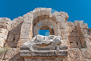 Ancient city of Perge in Antalya, Turkey. Historical ruins in the ancient city of Pamphylia