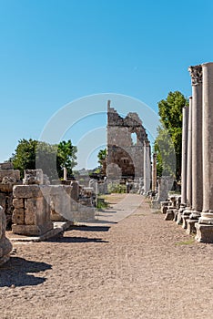 Ancient city of Perge in Antalya, Turkey. Historical ruins in the ancient city of Pamphylia