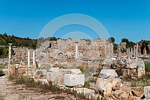 Ancient city of Perge in Antalya, Turkey. Historical ruins in the ancient city of Pamphylia