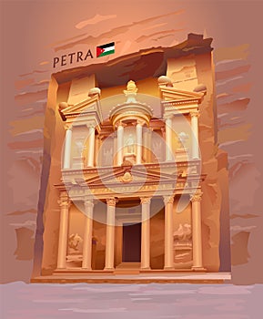 Ancient city of Petra, Jordan. Al Khazneh - the treasury. Tourist attraction. Vector illustration