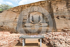 Ancient City of Polonnaruwa. Photo of seated Buddha in meditation at Gal Vihara Rock Temple & x28;Gal Viharaya& x29;. Sri Lanka