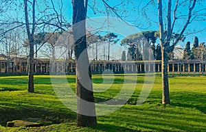 ancient city Pompeii, antique garden with colonnade, UNESCO site, Naples, Italy