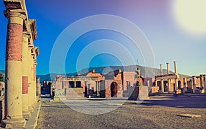 An ancient city of Pompeii ruins view destroyed by Vesuvius. Italy