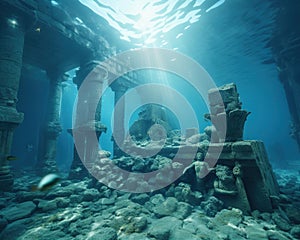 Ancient city ruins underwater old statues on sea ground.