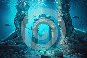 Ancient city ruins underwater, old statues on sea ground, generative AI