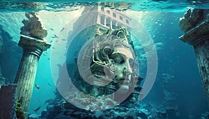Ancient city ruins underwater, old statues on sea ground, generative AI
