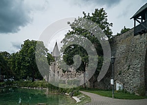 Ancient city wall and tower with ditch in Andernach, Germany