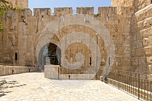 The ancient city walls and towers in the old Jerusalem