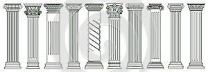 Ancient classic pillars. Greek and roman architecture pillars, historic architectural columns isolated vector