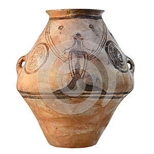 an ancient clay pot with linear patterns and the image of a man Trypillia culture