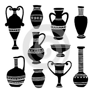 Ancient clay vases. Egyptian and Hellenic pots, amphoras and jugs. Art and crafts concept. Hand drawing black