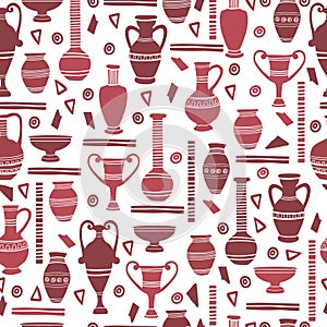Ancient clay vases seamless pattern. Egyptian and Hellenic pots, amphoras and jugs. Art and crafts concept. Hand drawing