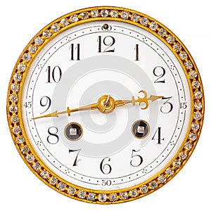 Ancient clock face with diamonds isolated on white