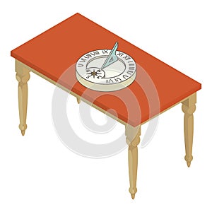 Ancient clock icon isometric vector. Vintage horizontal sundial on wooden table