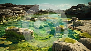 Ancient coastal landscape with first lifeforms in shallow pools of water. Generative AI photo