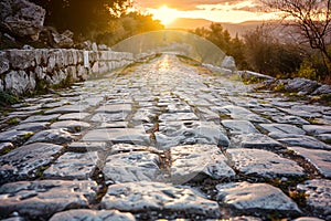 Ancient cobblestone path with sunset photo