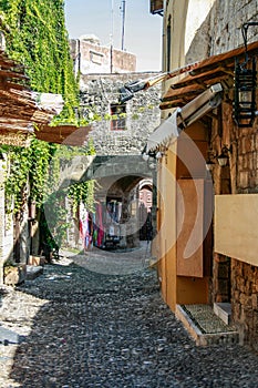ancient cobblestone street in the old citycentre of rodos greece