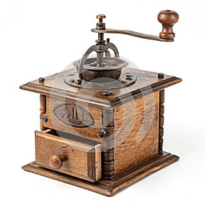 Ancient coffee mill isolated on white background